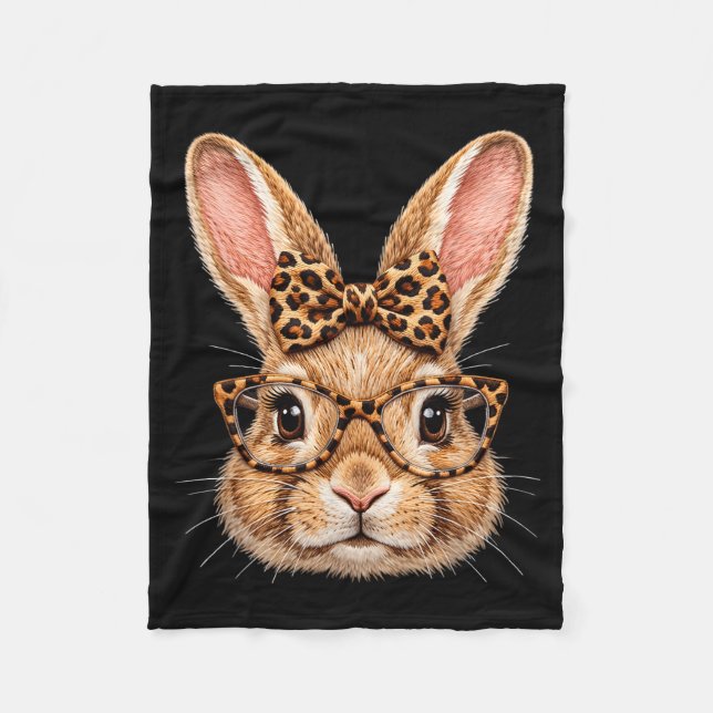 Funny bunny face glasses bandanna leopard bow happ fleece blanket (Front)