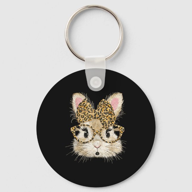 Funny bunny face glasses bandanna leopard rabbit key ring (Front)