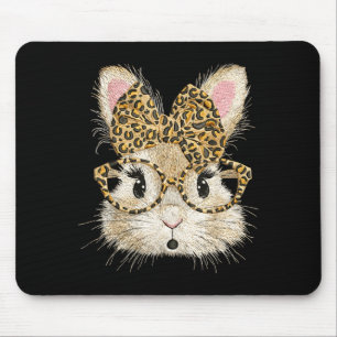 Funny bunny face glasses bandanna leopard rabbit mouse pad