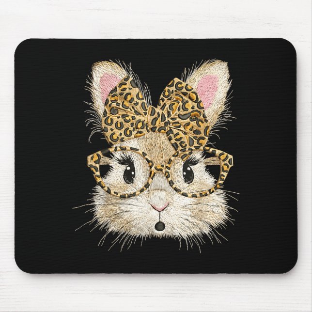 Funny bunny face glasses bandanna leopard rabbit mouse pad (Front)