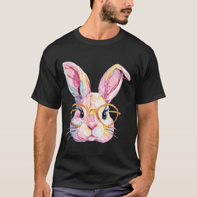 Funny bunny face glasses eggs rabbit happy easter T-Shirt (Front)