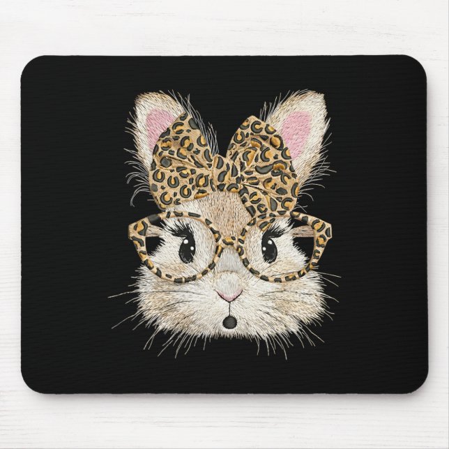 Funny Bunny Face Gles Coquette Bow Leopard Rabbit  Mouse Pad (Front)
