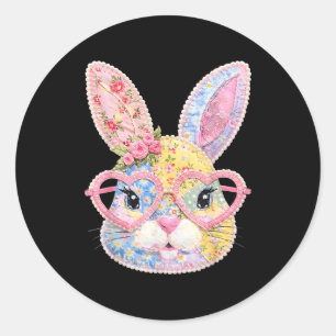 Funny Bunny Face Gles Floral Patchwork Rabbit East Classic Round Sticker