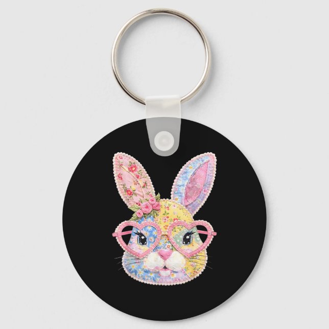 Funny Bunny Face Gles Floral Patchwork Rabbit East Key Ring (Front)
