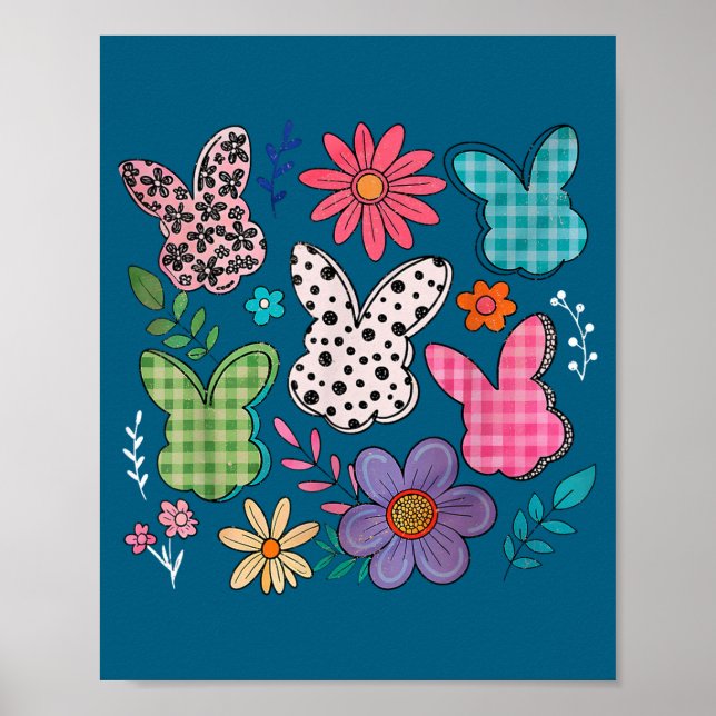 Funny Bunny Floral Rabbit Eggs Happy Easter Retro  Poster (Front)
