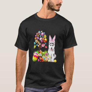 Funny Bunny Husky Dog Happy Easter Eggs Tree T-Shirt