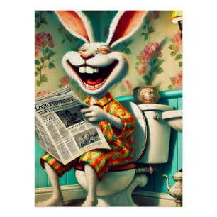 Funny Bunny on Toilet Bathroom Art  Poster