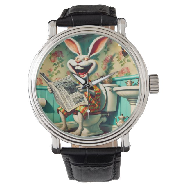 Funny Bunny on Toilet Bathroom Art  Watch (Front)