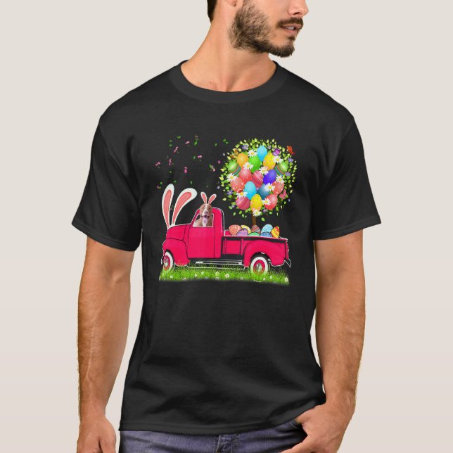 Funny Bunny Pit Bull Happy Easter Eggs Tree T-Shirt (Front)