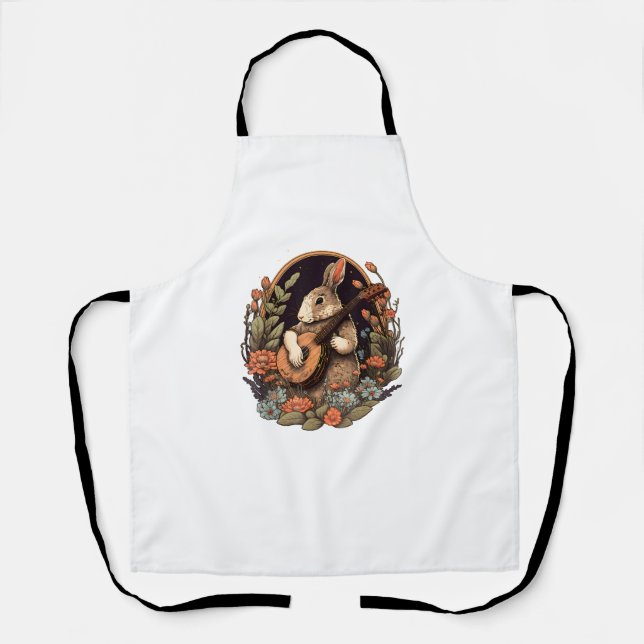 Funny Bunny Playing Banjo Guitar Music Rabbit Happ Apron (Front)
