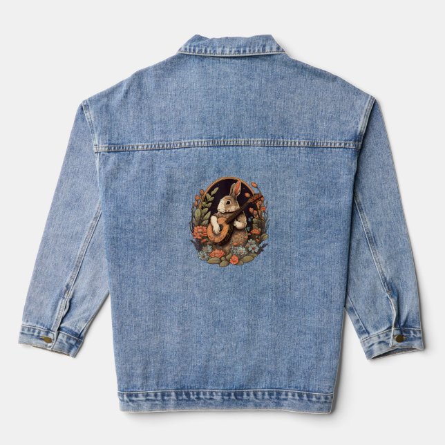 Funny Bunny Playing Banjo Guitar Music Rabbit Happ Denim Jacket (Back)