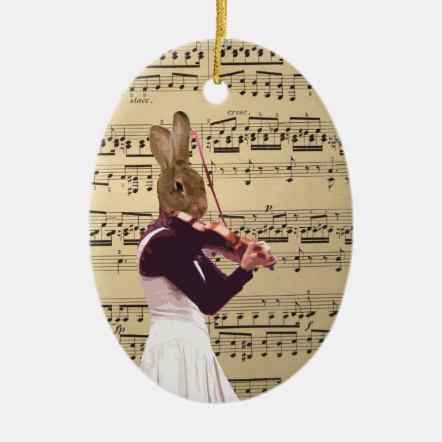 Funny bunny rabbit violinist ceramic tree decoration (Front)