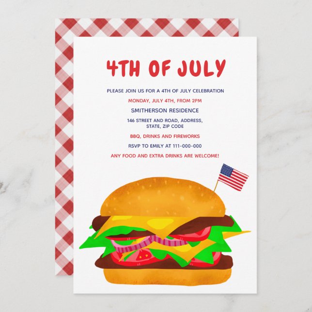 Funny burger american flag plaid bbq 4th of July Invitation (Front/Back)