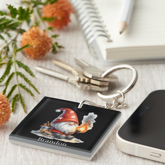 Funny burning marsh mellow gnome camping key ring (Front Right)