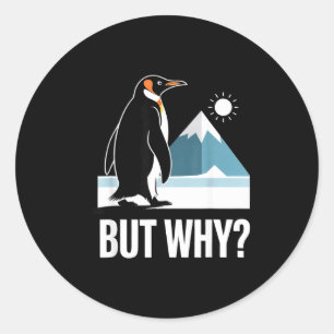 Funny but why penguin meme existential humour classic round sticker