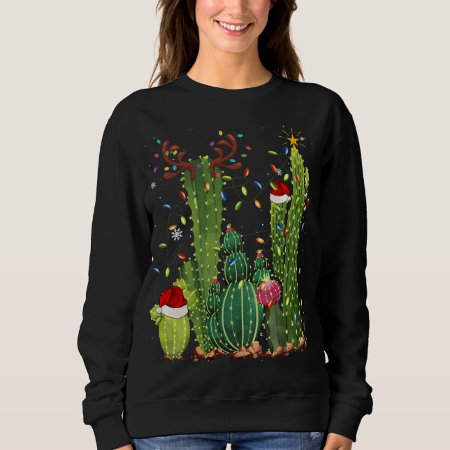 Funny Cactus Lights Santa Hat Sweater Xmas Tree Ch (Front)
