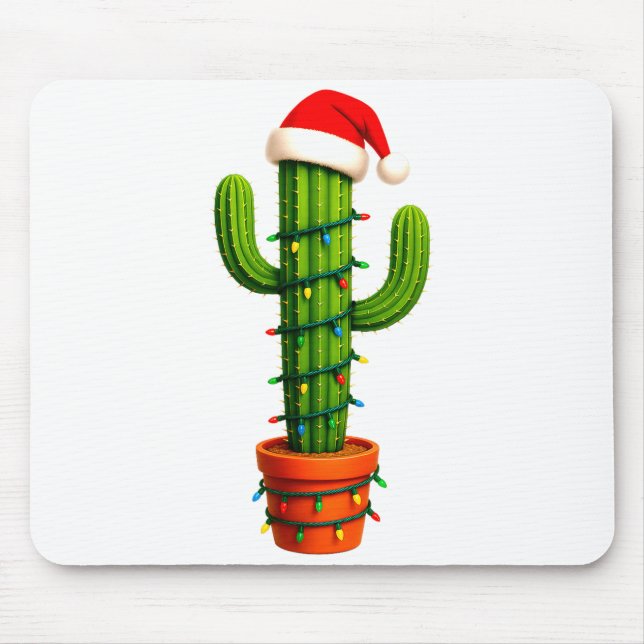 Funny Cactus Santa Hat Xmas Tree Lights Merry Chri Mouse Pad (Front)