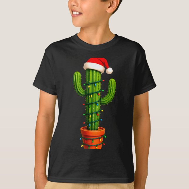 Funny Cactus Santa Hat Xmas Tree Lights Merry Chri T-Shirt (Front)