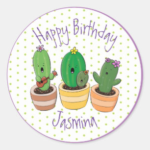 Funny cactus trio cartoon illustration classic round sticker