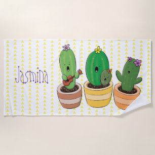 Funny cactus trio singing cartoon illustration beach towel
