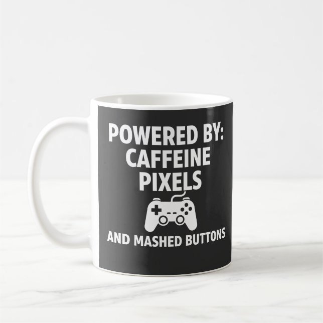 Funny Caffeine Pixels and Mashed Buttons Gamer Quo Coffee Mug (Left)