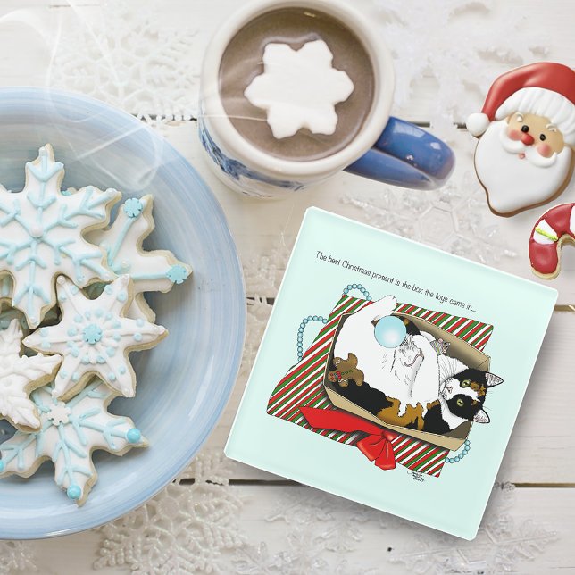Funny Calico Cat Christmas Gift Box Glass Coaster (Creator Uploaded)