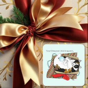Funny Calico Cat Christmas Gift Box Square Sticker