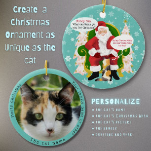 Funny Calico Cat Visits Santa Custom Christmas Ceramic Tree Decoration