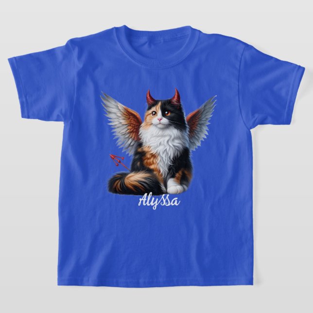 Funny Calico Demon and Angel Cat  T-Shirt (Laydown)