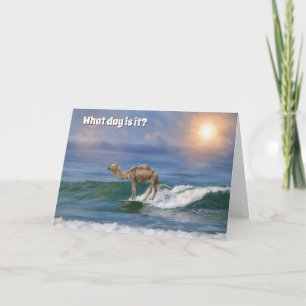 Funny Camel Surfing in the Ocean Birthday Card