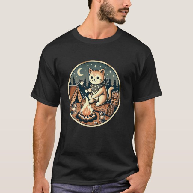 Funny Campfire Cat Roasting Marshmallows Camping T-Shirt (Front)