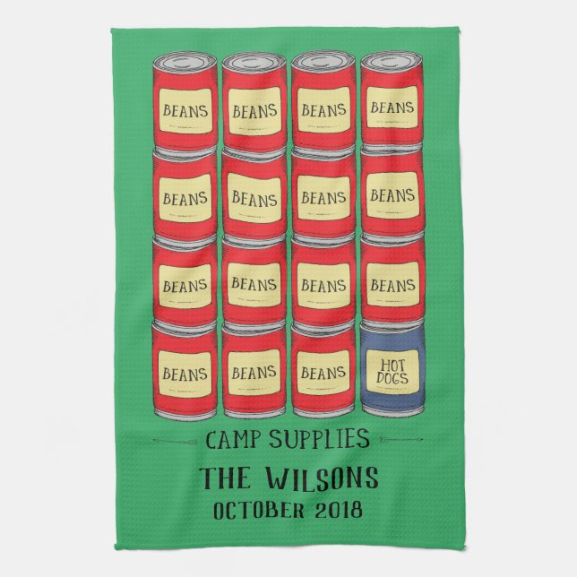 Funny Camping Packing List of Baked Beans Hot Dogs Tea Towel (Vertical)