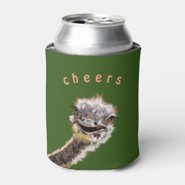 Funny Can Cooler with Happy Ostrich - Custom Text (Can Front)