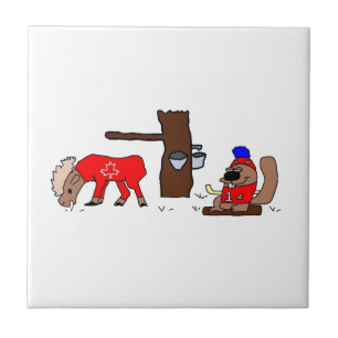 Funny Canada Moose and Beaver with Maple Syrup Tile