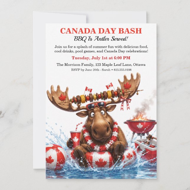 Funny Canadian Moose Canada Day BBQ Pool Party  Invitation (Front)