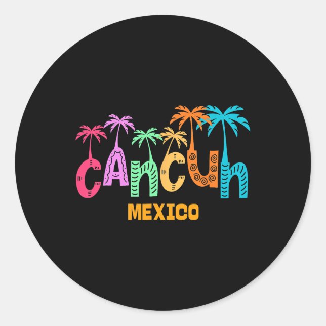 Funny Cancun Mexico Palm Tree Colourful Typography Classic Round Sticker (Front)