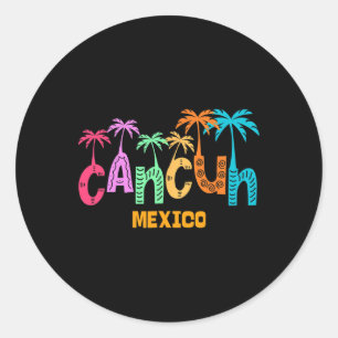 Funny Cancun Mexico Palm Tree Colourful Typography Classic Round Sticker