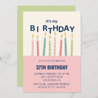 Funny Candle Pink Green 37th birthday invitations 