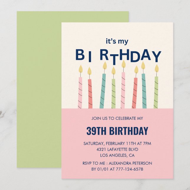 Funny Candle Pink Green 39th birthday invitations  (Front/Back)