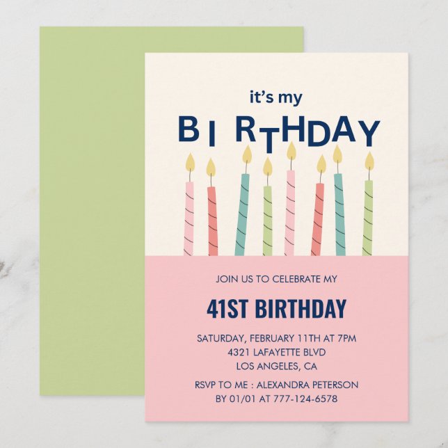 Funny Candle Pink Green 41st birthday invitations  (Front/Back)