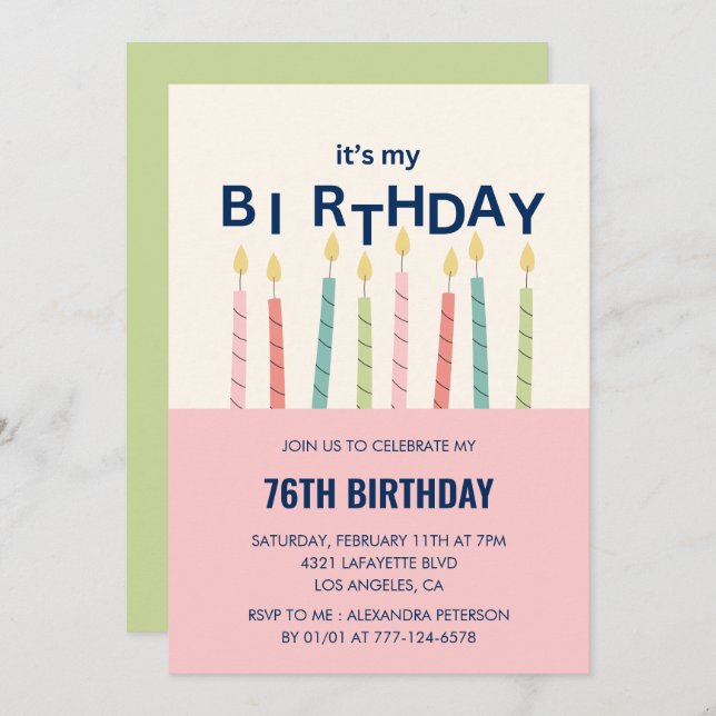 Funny Candle Pink Green 76th birthday invitations  (Front/Back)