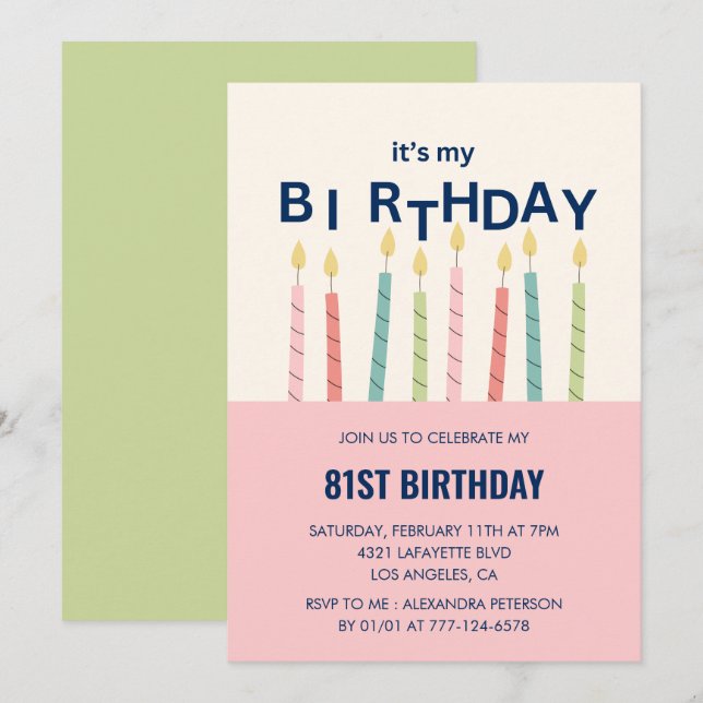 Funny Candle Pink Green 81st birthday invitations  (Front/Back)