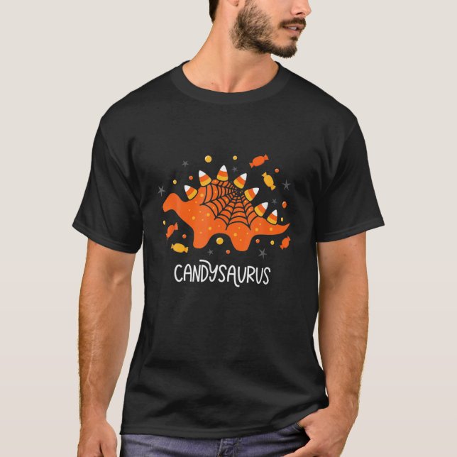Funny Candy Corn Candy Saurus Dinosaur Halloween T-Shirt (Front)