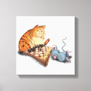 Funny Canvas Print Cat and Mouse Playing Chess