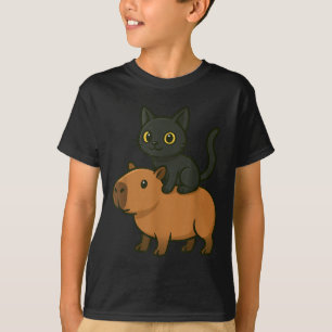 Funny Capybara Black Cat Animal Lover Mum Dad Kids T-Shirt