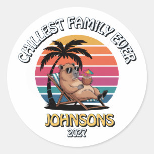 Funny Capybara Chillest Family Ever Retro Sunset Classic Round Sticker