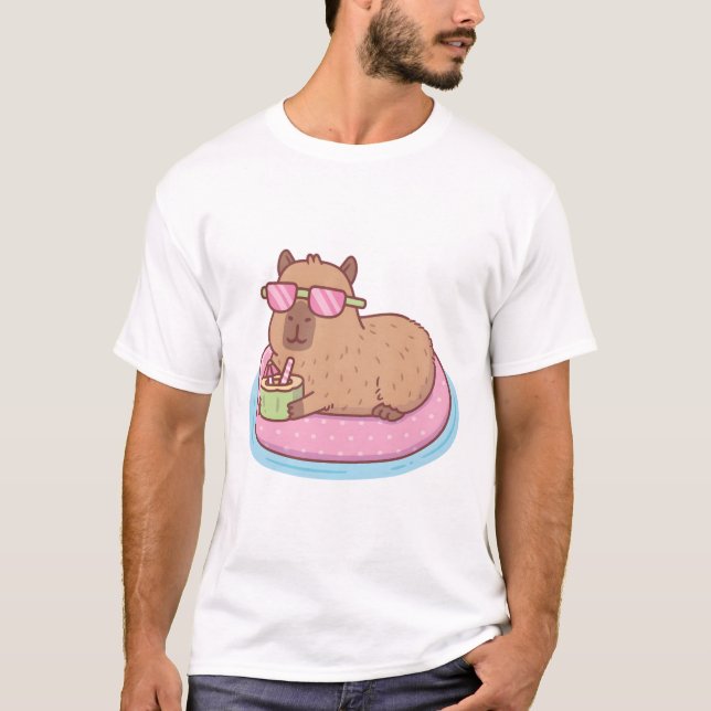Funny Capybara Chilling On Pink Pool Float T-Shirt (Front)