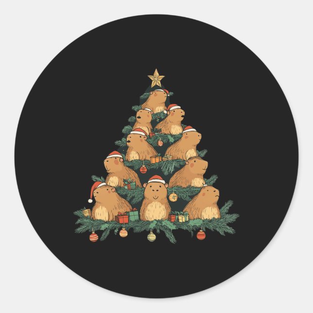 Funny Capybara Christmas Tree  Classic Round Sticker (Front)