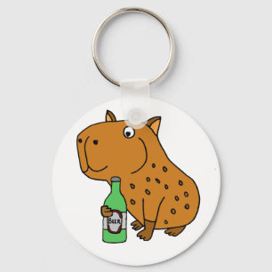 Funny Capybara Drinking Bottle of Beer Key Ring