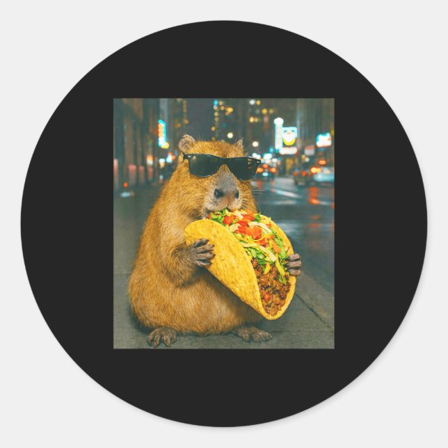 Funny capybara eating taco meme retro  classic round sticker (Front)